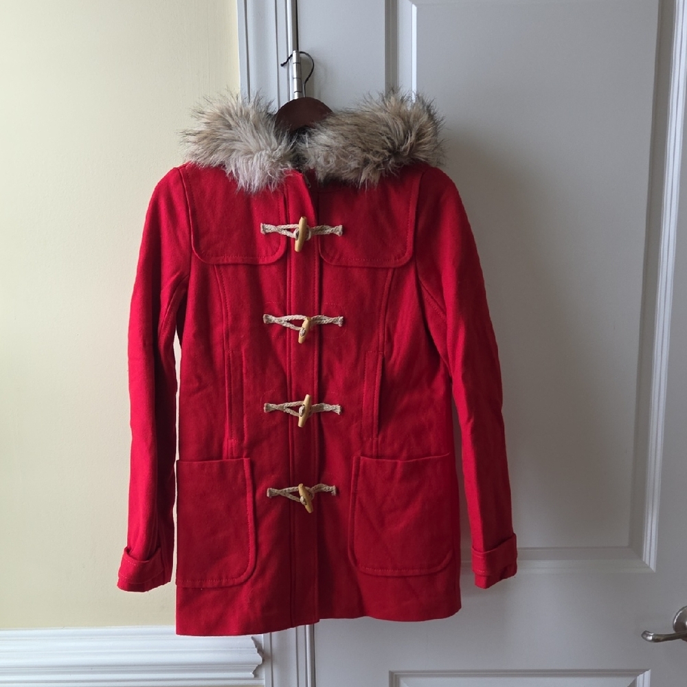 American Eagle Outfitters Red Toggle pea coat with Faux Fur Hood size S